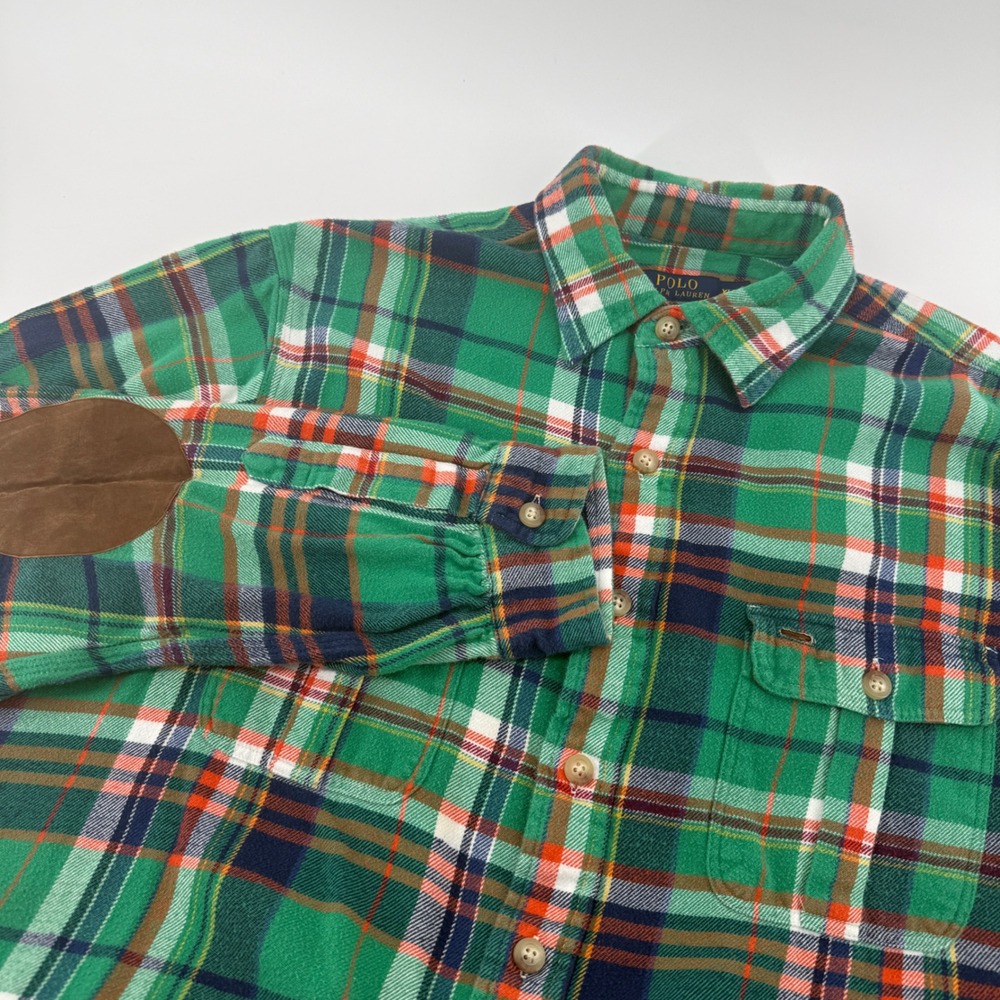 Polo Ralph Lauren Mens XL Green Flannel Suede Patch Plaid Button Down Shirt
